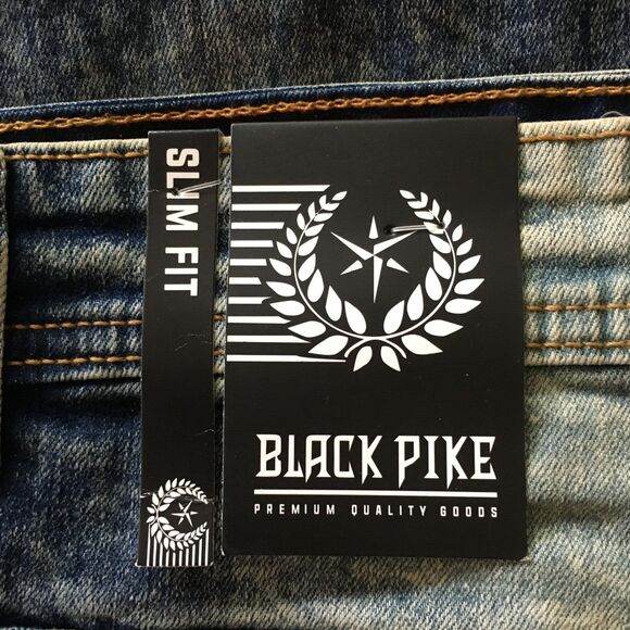 NWT BLACK PIKE LEGEND Embroidered Distressed Biker Stretch Slim Denim Jean 38X32 - Picture 14 of 16